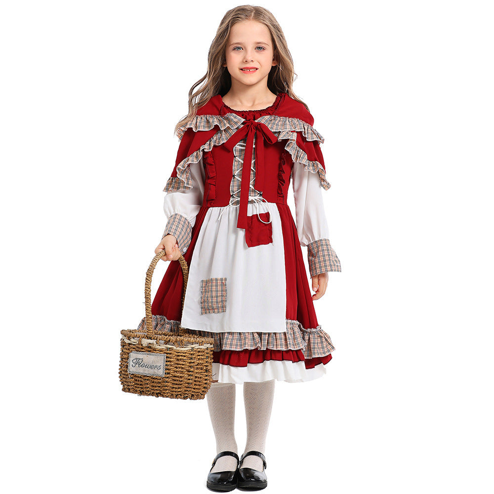 Girls fairy tale Halloween costume with red ruffled hooded cape, lace-up bodice dress and white apron - view 5