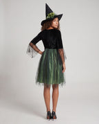 Women's witch Halloween costume with black velvet bodice, spiderweb lace bell sleeves and green tulle skirt - view 3