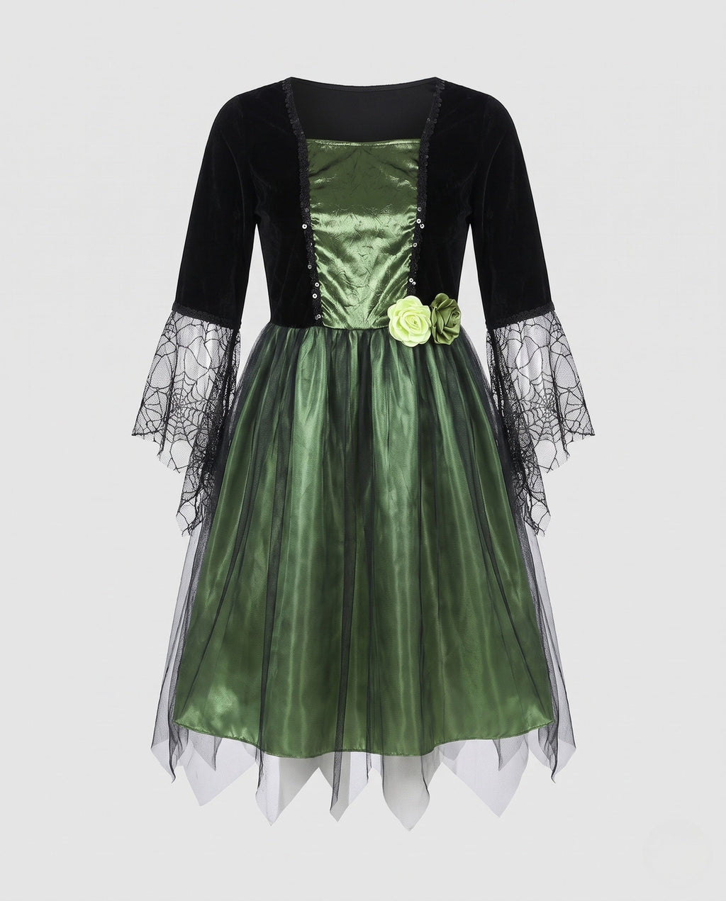 Women's witch Halloween costume with black velvet bodice, spiderweb lace bell sleeves and green tulle skirt - view 4