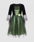 Women's witch Halloween costume with black velvet bodice, spiderweb lace bell sleeves and green tulle skirt - view 4