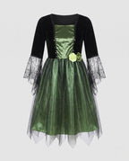 Women's witch Halloween costume with black velvet bodice, spiderweb lace bell sleeves and green tulle skirt - view 4
