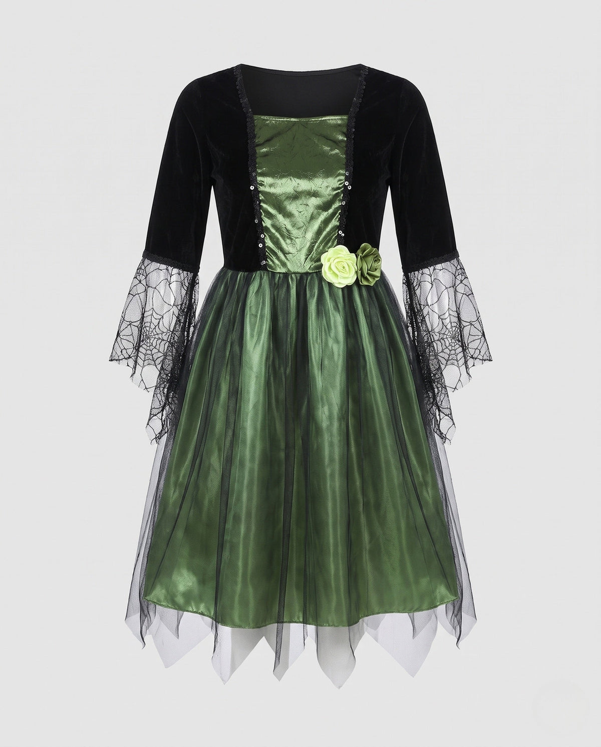 Women's witch Halloween costume with black velvet bodice, spiderweb lace bell sleeves and green tulle skirt - view 4