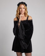 Black velvet mini dress with lace bell sleeves and cold-shoulder neckline - view 2