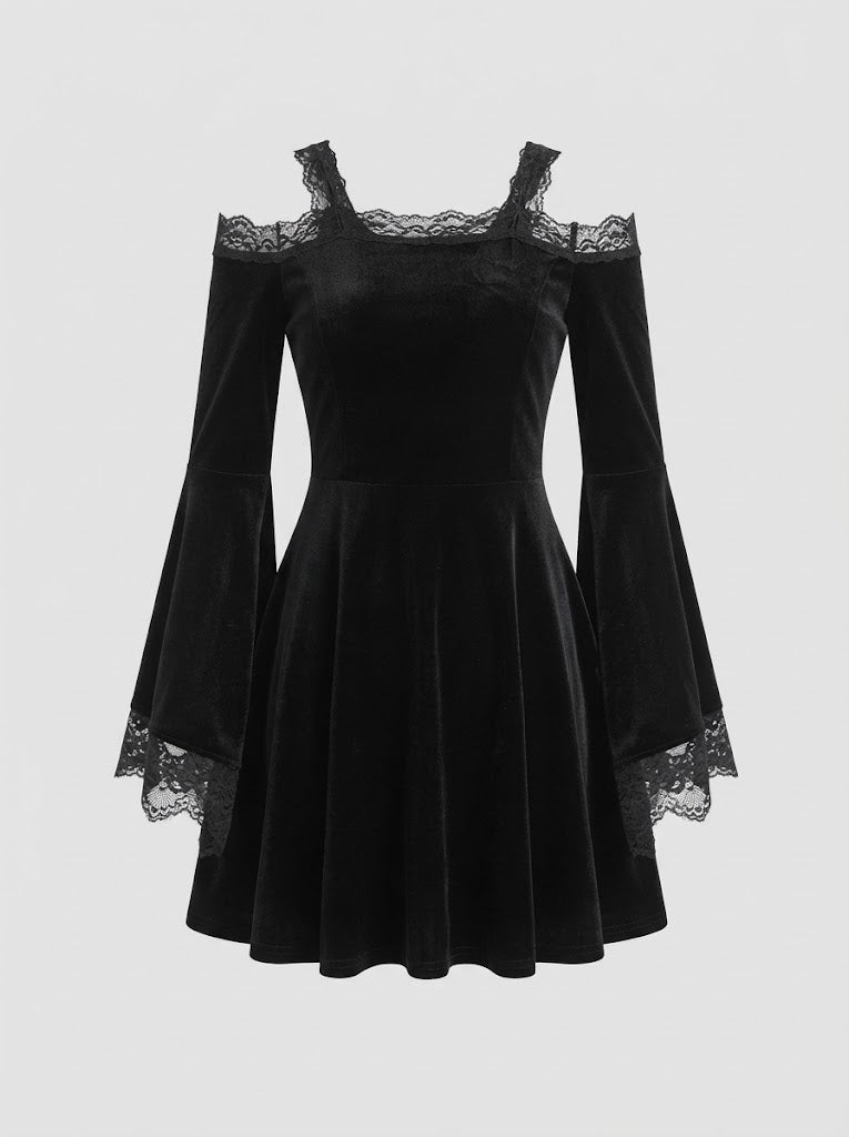 Black velvet mini dress with lace bell sleeves and cold-shoulder neckline - view 5