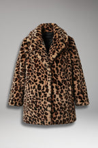 Women's leopard print faux fur coat with notch lapel collar and side pockets