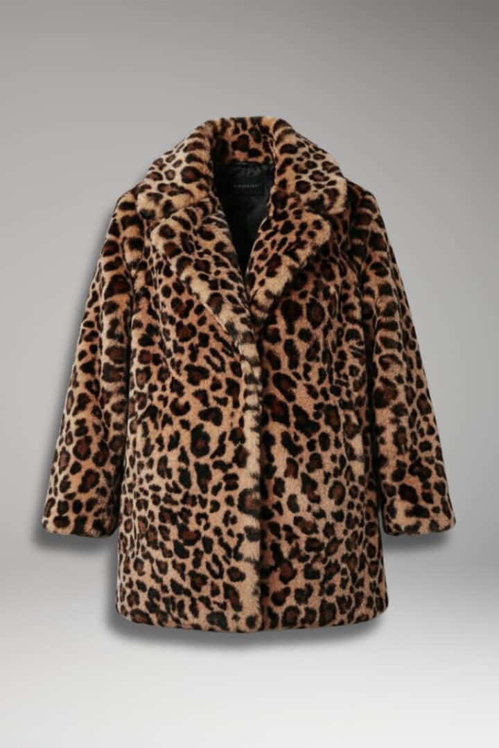 Women's leopard print faux fur coat with notch lapel collar and side pockets