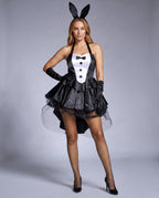 Women's black and white tuxedo-front satin bunny Halloween costume with ruffle skirt, tulle high-low hem and bunny ears headband