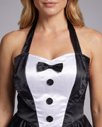 Women's black and white tuxedo-front satin bunny Halloween costume with ruffle skirt, tulle high-low hem and bunny ears headband - view 2