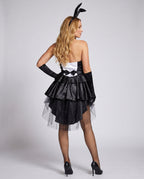 Women's black and white tuxedo-front satin bunny Halloween costume with ruffle skirt, tulle high-low hem and bunny ears headband - view 3