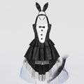 Women's black and white tuxedo-front satin bunny Halloween costume with ruffle skirt, tulle high-low hem and bunny ears headband - view 4
