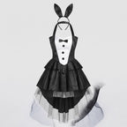 Women's black and white tuxedo-front satin bunny Halloween costume with ruffle skirt, tulle high-low hem and bunny ears headband - view 4