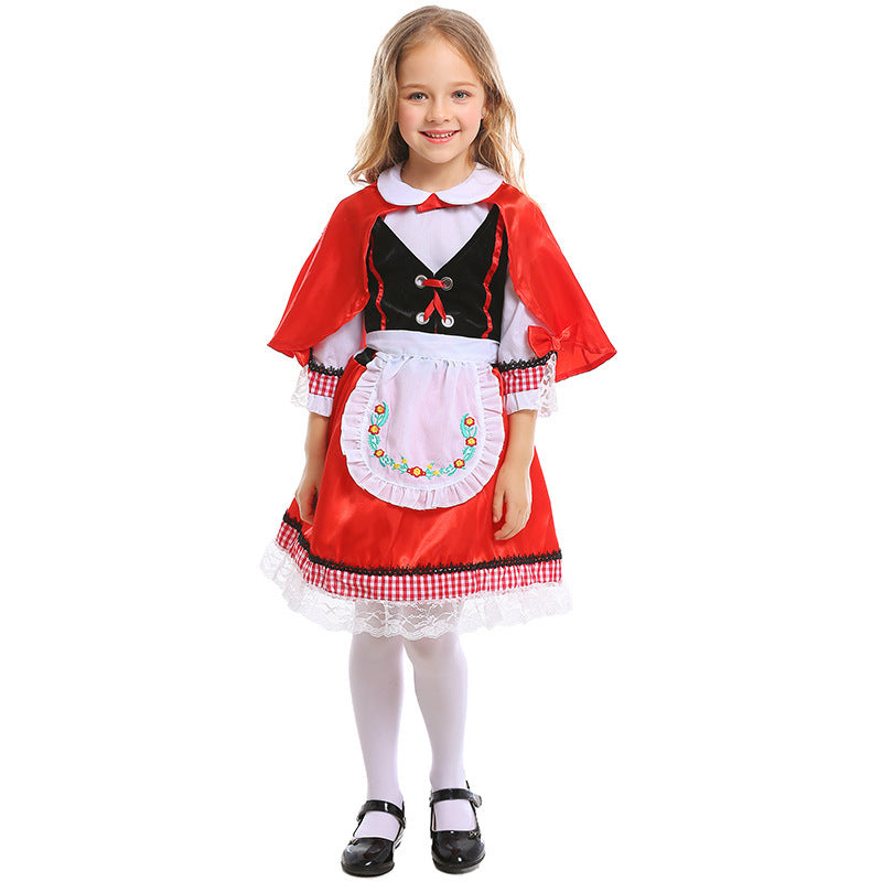 Girls Little Red Riding Hood costume with hooded red satin cape and embroidered apron