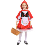 Girls Little Red Riding Hood costume with hooded red satin cape and embroidered apron - view 2