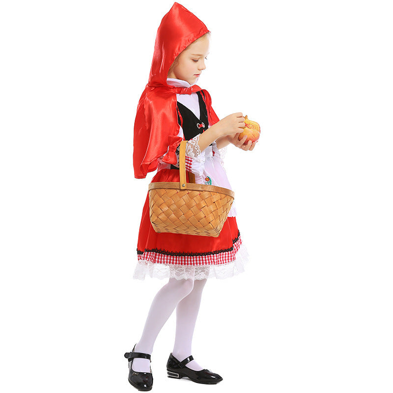 Girls Little Red Riding Hood costume with hooded red satin cape and embroidered apron - view 3