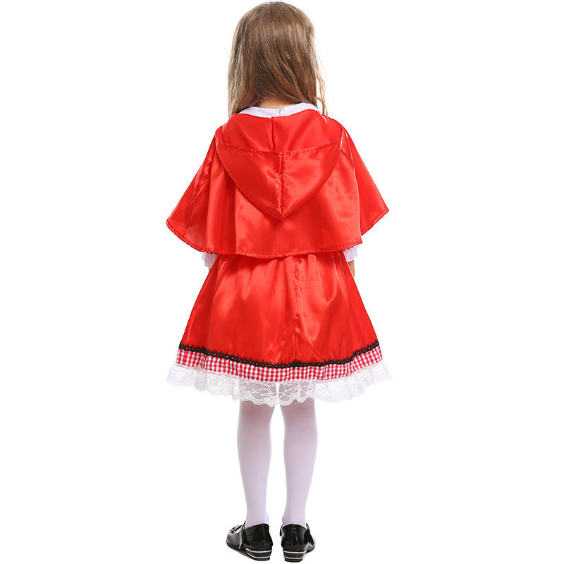 Girls Little Red Riding Hood costume with hooded red satin cape and embroidered apron - view 4
