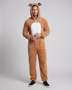 Men's tan plush reindeer onesie costume with antler hood and white belly panel