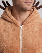 Men's tan plush reindeer onesie costume with antler hood and white belly panel - view 2