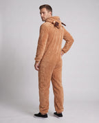 Men's tan plush reindeer onesie costume with antler hood and white belly panel - view 3