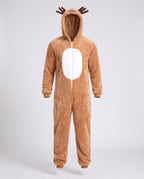 Men's tan plush reindeer onesie costume with antler hood and white belly panel - view 4