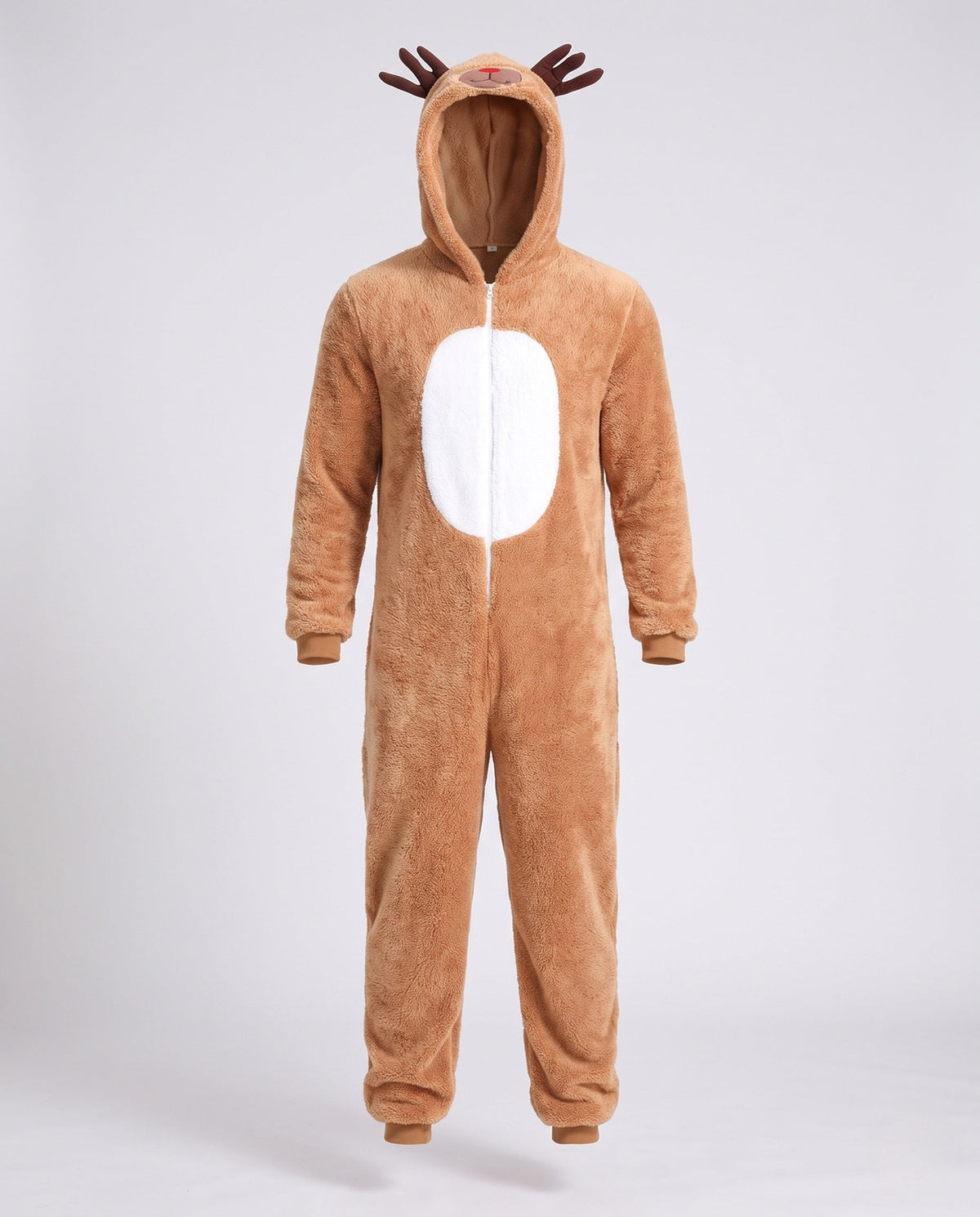 Men's tan plush reindeer onesie costume with antler hood and white belly panel - view 4