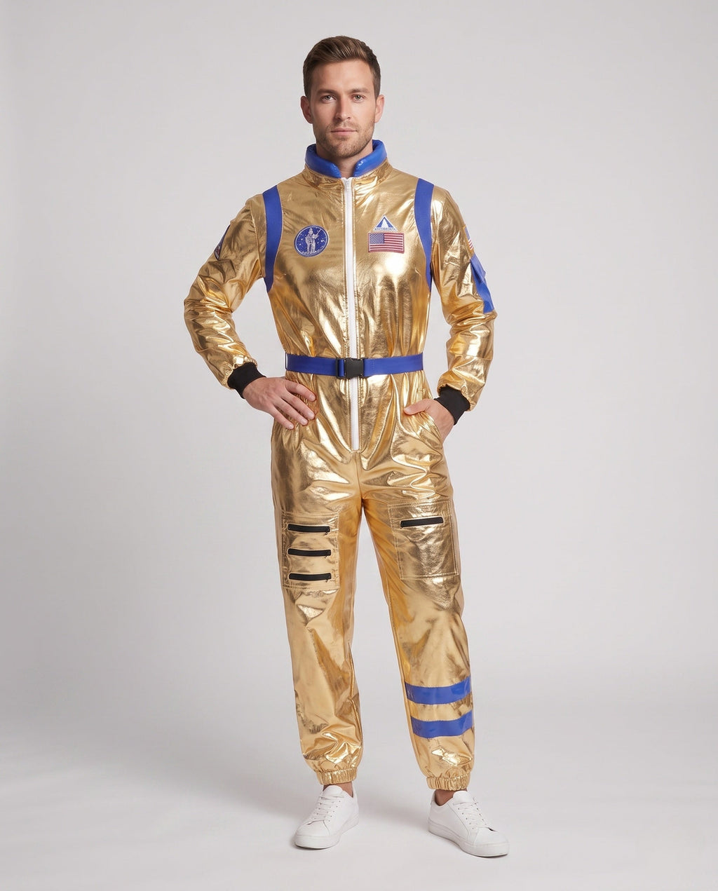 Men's metallic gold astronaut costume jumpsuit with blue trim, patches and buckle belt