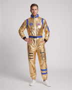 Men's metallic gold astronaut costume jumpsuit with blue trim, patches and buckle belt