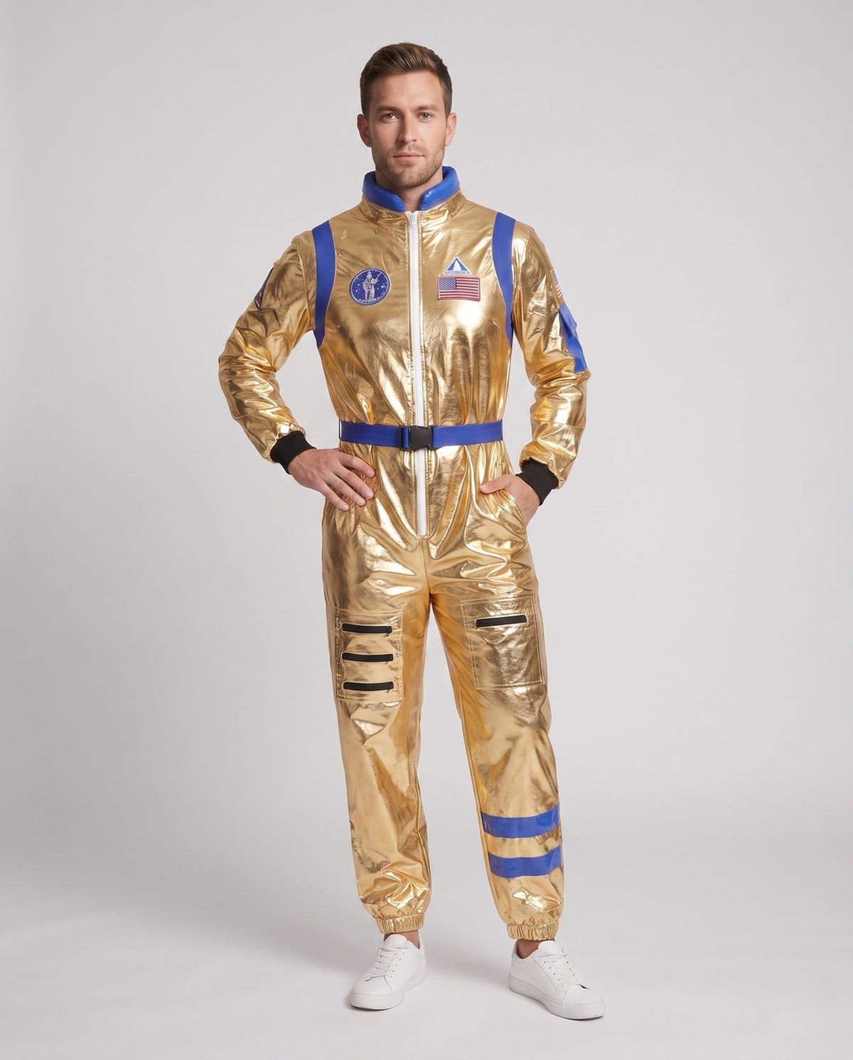 Men's metallic gold astronaut costume jumpsuit with blue trim, patches and buckle belt