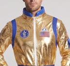 Men's metallic gold astronaut costume jumpsuit with blue trim, patches and buckle belt - view 2