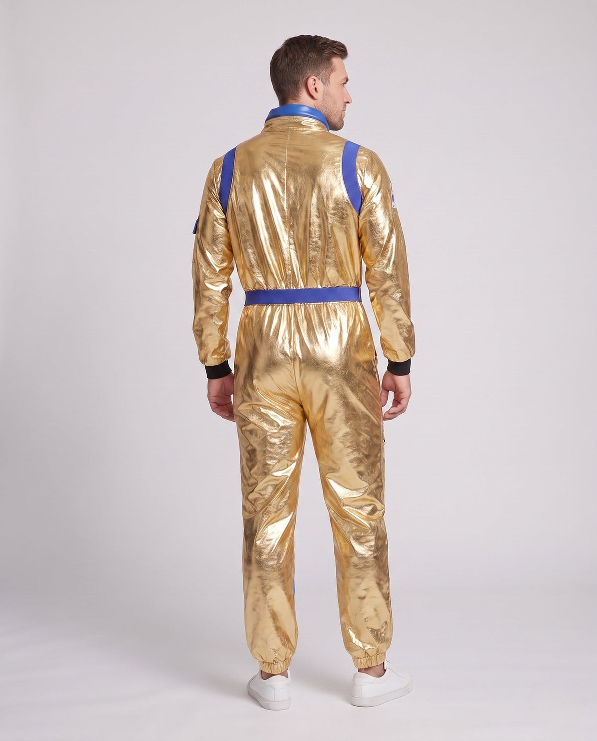 Men's metallic gold astronaut costume jumpsuit with blue trim, patches and buckle belt - view 3
