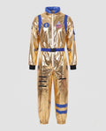 Men's metallic gold astronaut costume jumpsuit with blue trim, patches and buckle belt - view 4