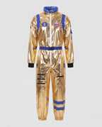 Men's metallic gold astronaut costume jumpsuit with blue trim, patches and buckle belt - view 4