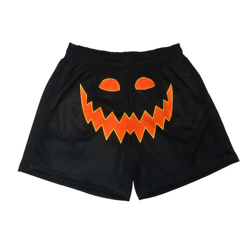 Men's mesh basketball shorts with jack-o'-lantern face graphic - view 3