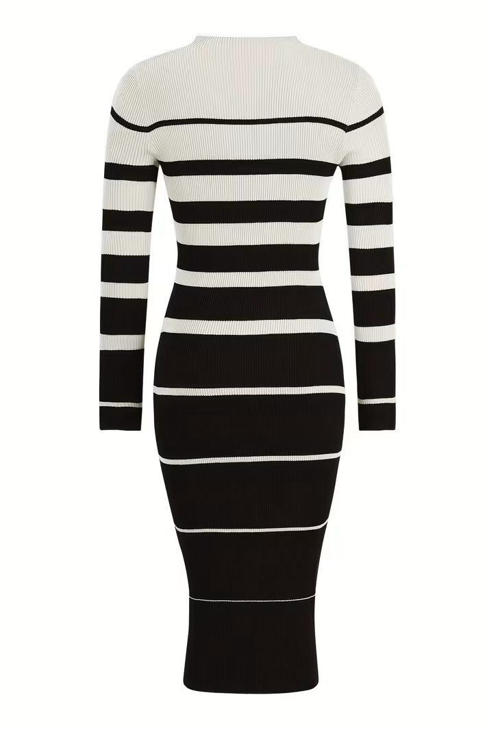 Striped ribbed knit bodycon midi sweater dress with long sleeves and mock neck - view 4