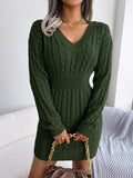 Cable knit V-neck long sleeve sweater mini dress with ribbed waistband - view 8
