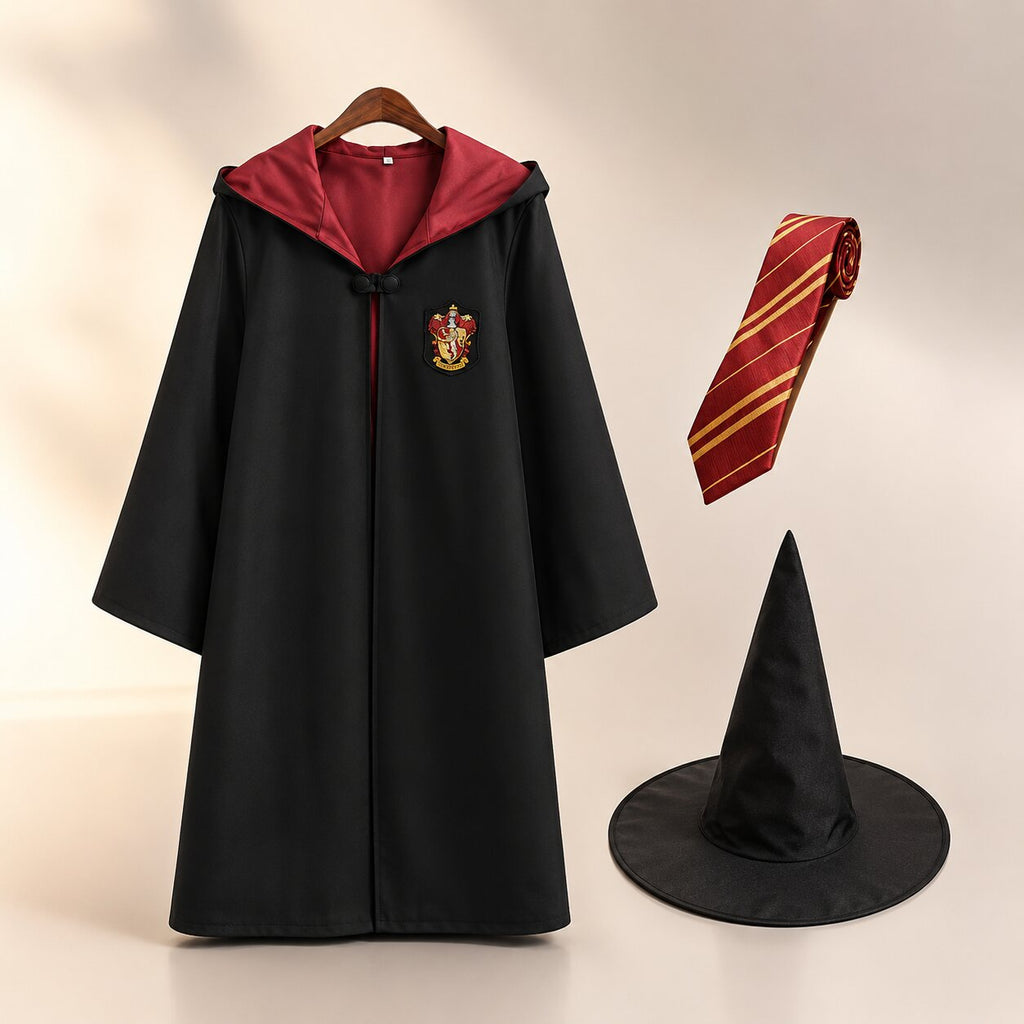 Adult black wizard cloak with colored hood and house crest patch