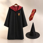 Adult black wizard cloak with colored hood and house crest patch