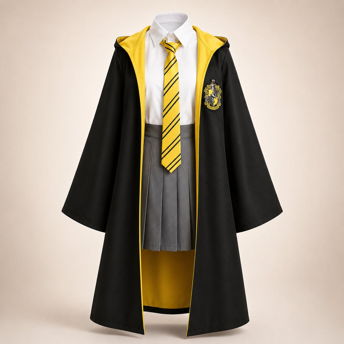 Adult black wizard cloak with colored hood and house crest patch - view 5