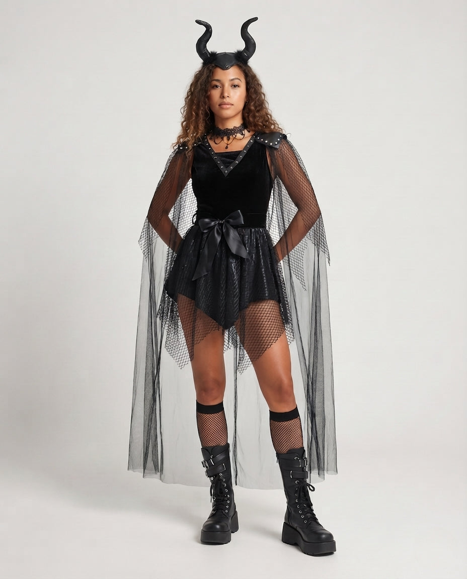 Women's black velvet Halloween costume dress with sheer tulle cape and studded shoulders