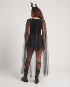 Women's black velvet Halloween costume dress with sheer tulle cape and studded shoulders - view 3