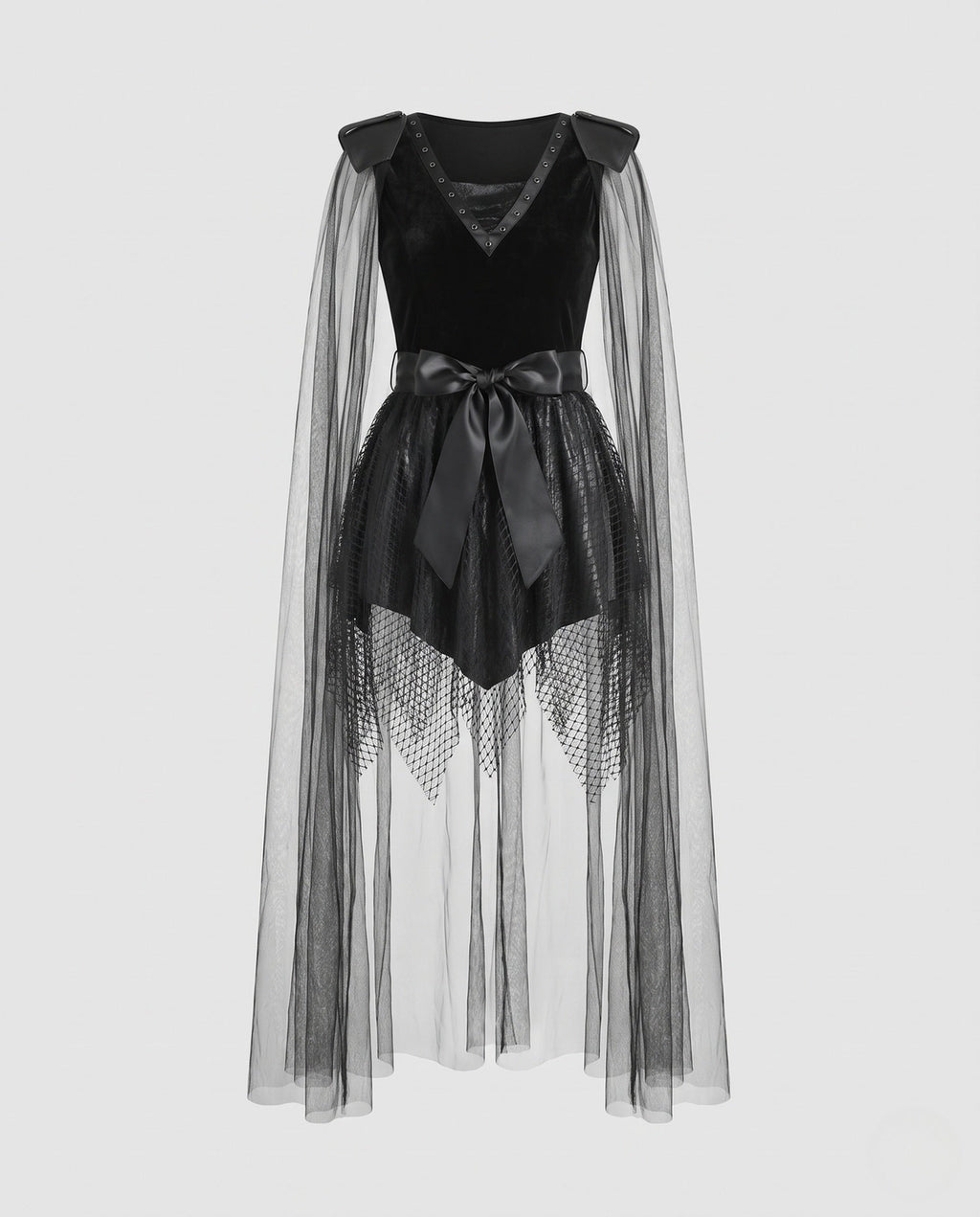 Women's black velvet Halloween costume dress with sheer tulle cape and studded shoulders - view 4