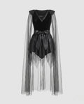 Women's black velvet Halloween costume dress with sheer tulle cape and studded shoulders - view 4