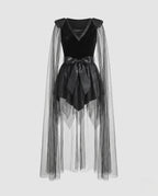 Women's black velvet Halloween costume dress with sheer tulle cape and studded shoulders - view 4