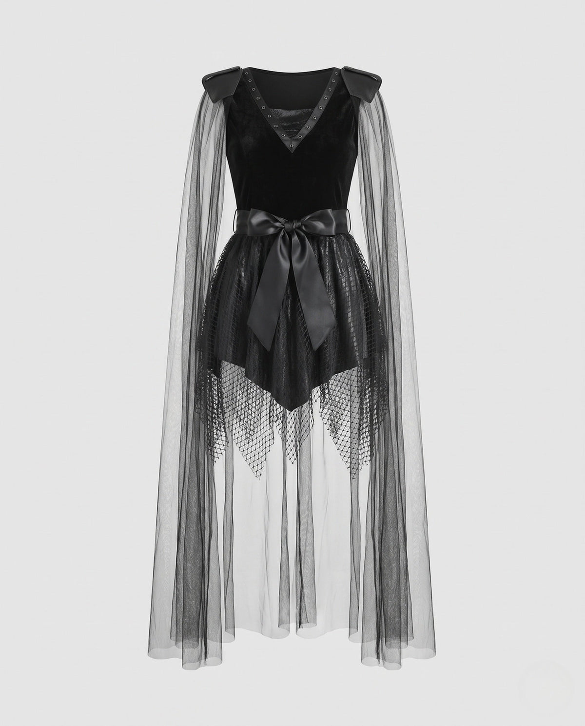 Women's black velvet Halloween costume dress with sheer tulle cape and studded shoulders - view 4