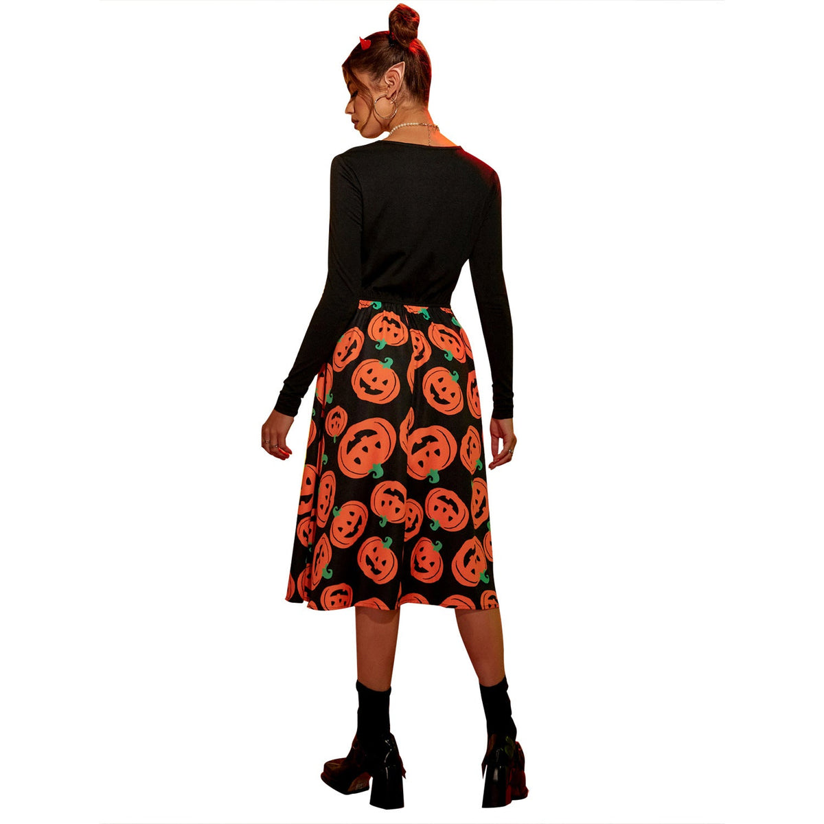 Black long sleeve midi dress with orange pumpkin print skirt - view 2