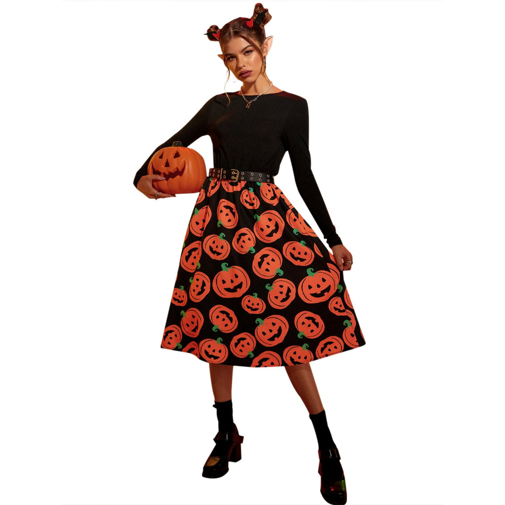 Black long sleeve midi dress with orange pumpkin print skirt - view 4