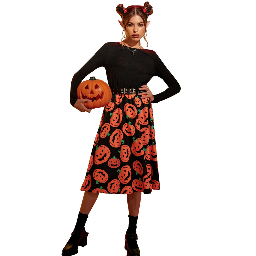 Black long sleeve midi dress with orange pumpkin print skirt - view 5