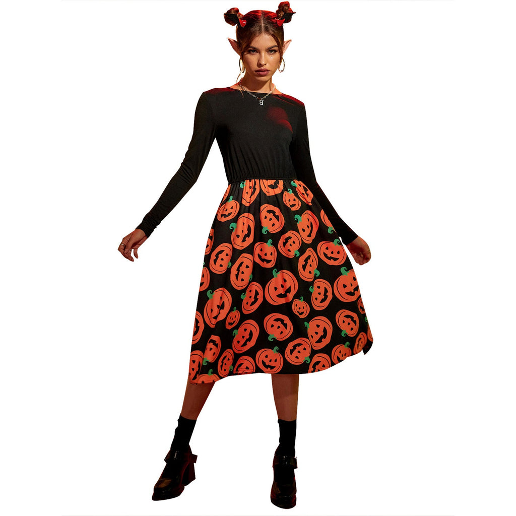 Black long sleeve midi dress with orange pumpkin print skirt - view 6