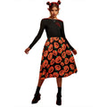 Black long sleeve midi dress with orange pumpkin print skirt - view 6