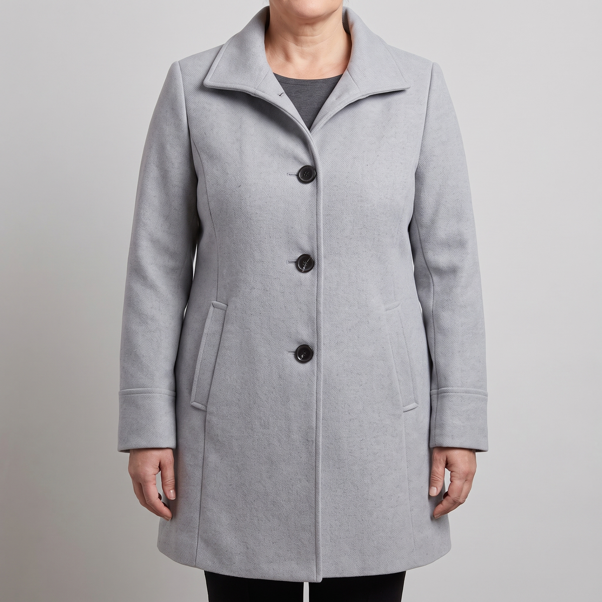 Women's stand collar wool coat with single-breasted button front