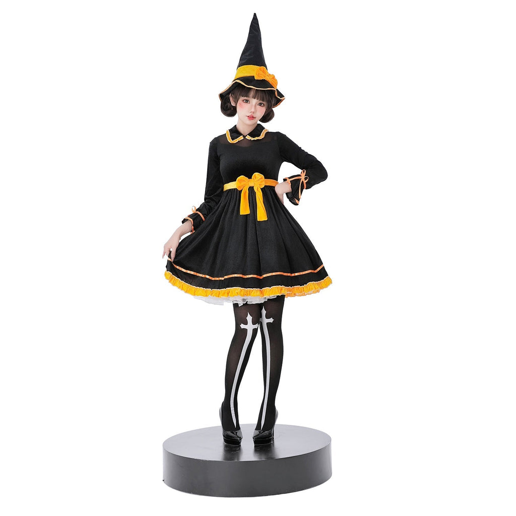 Black velvet-look witch costume dress with yellow bow sash and pointed witch hat - view 2